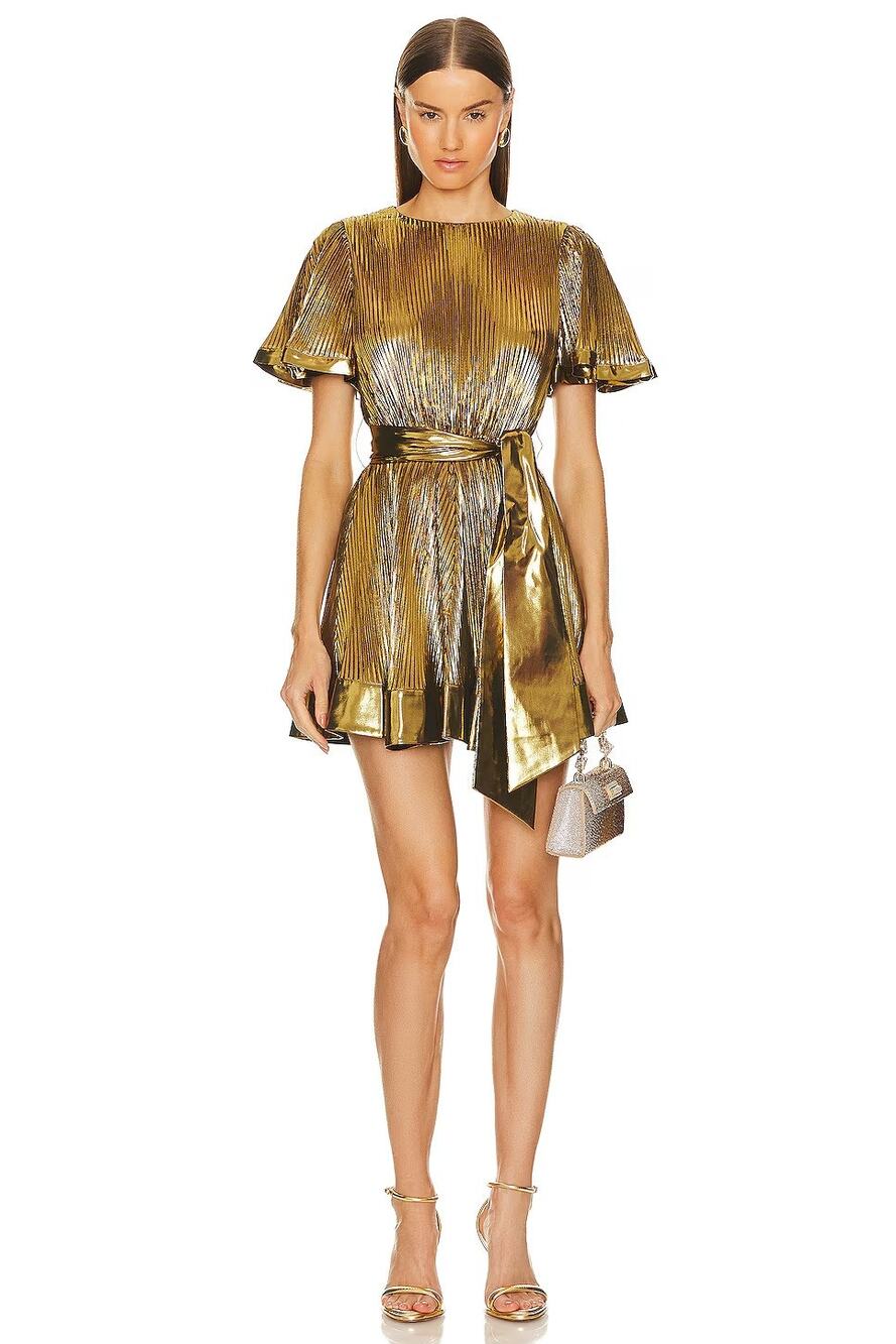 NWT Milly 'Lumi' Gold Lamé Flare Sleeve Pleated Mini Dress with Waist Tie Size 0